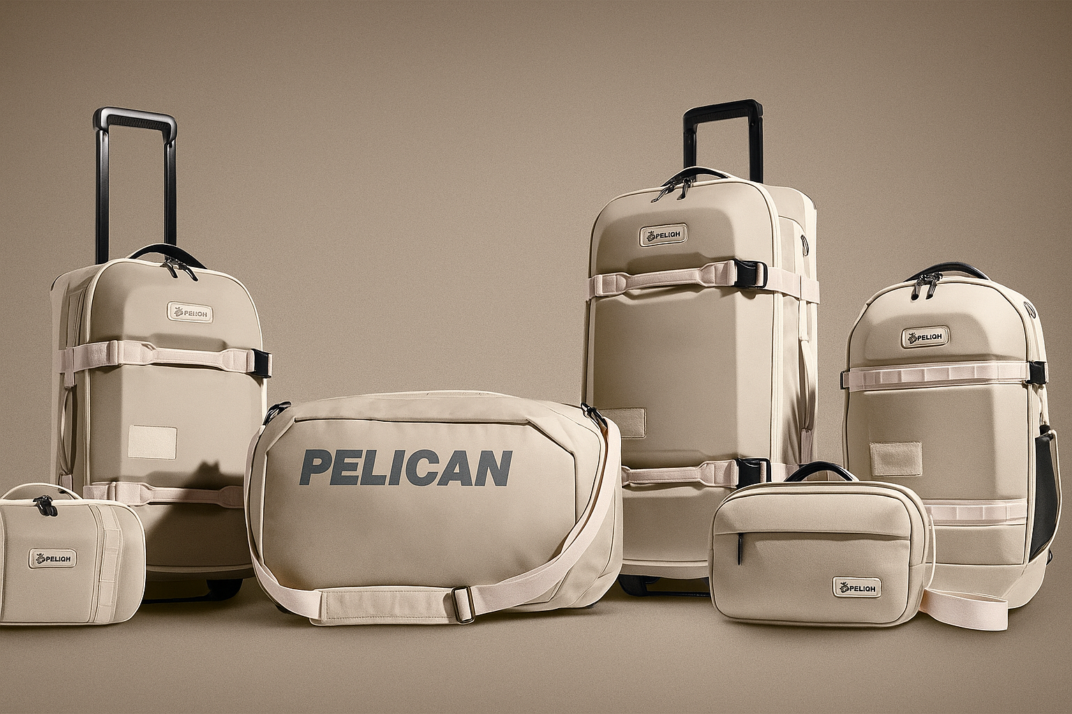 Beige Pelican luggage set with suitcases, bags, and backpack on beige background.
