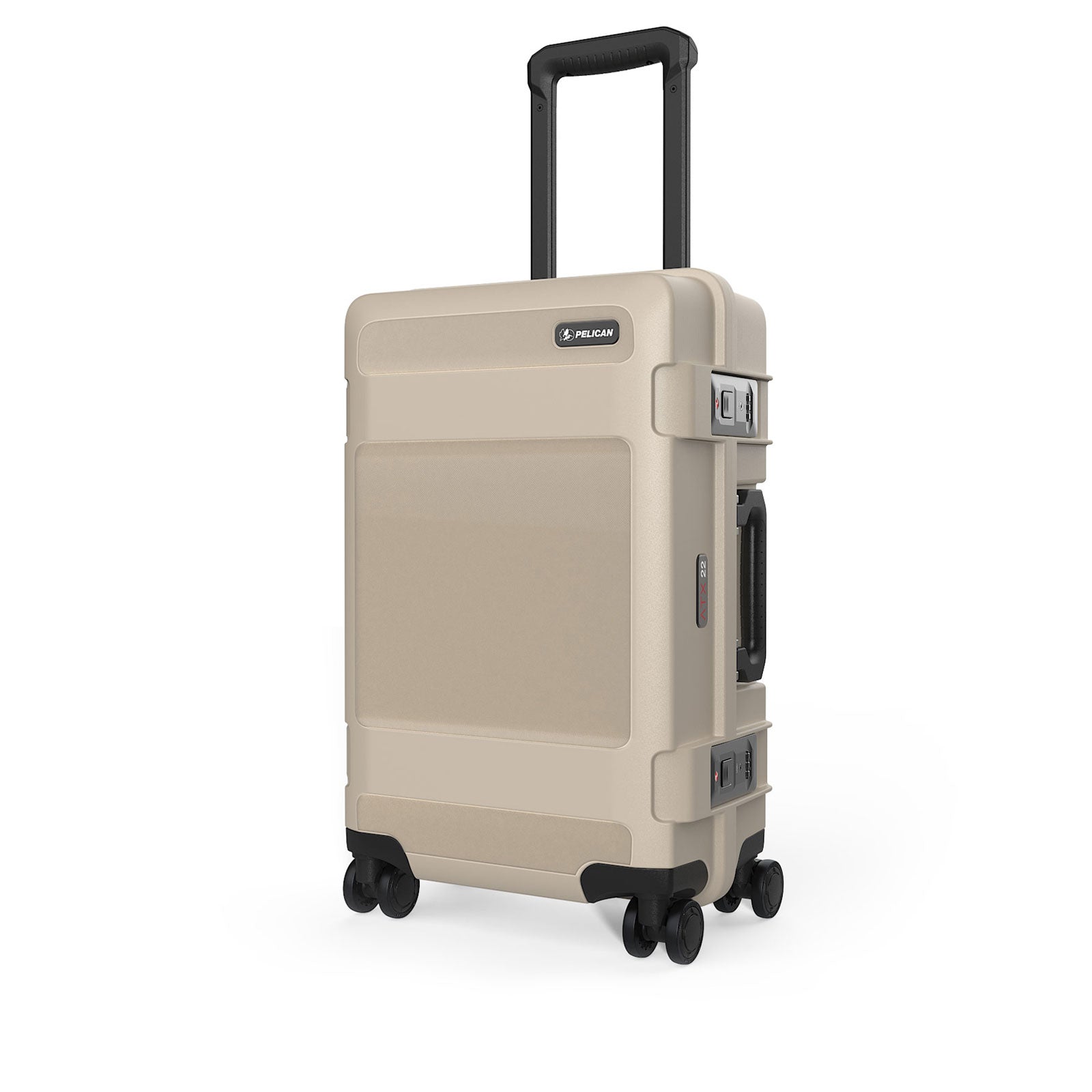 tan pelican luggage from 3/4 angle