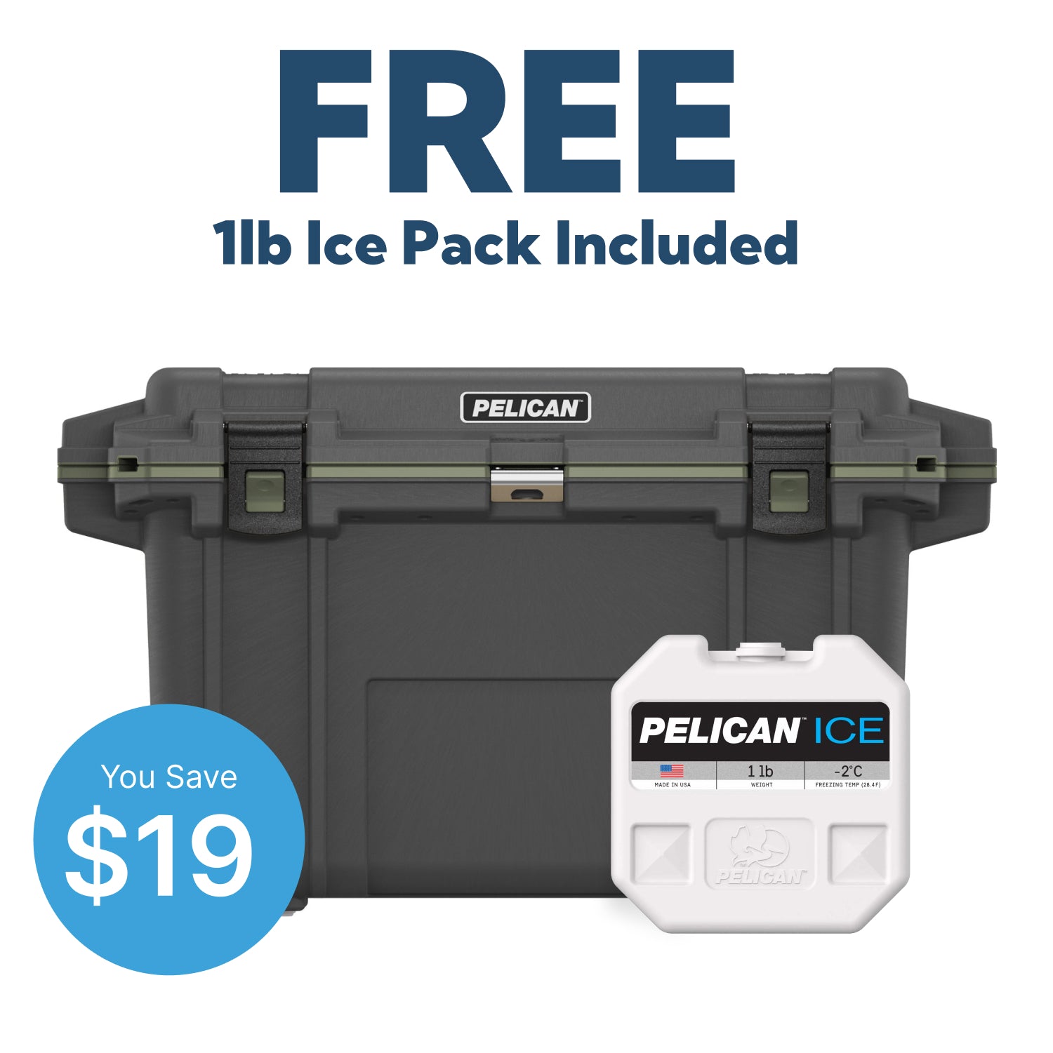 Gunmetal / OD Green Pelican 70QT Cooler With Free 1lb Pelican Ice Pack