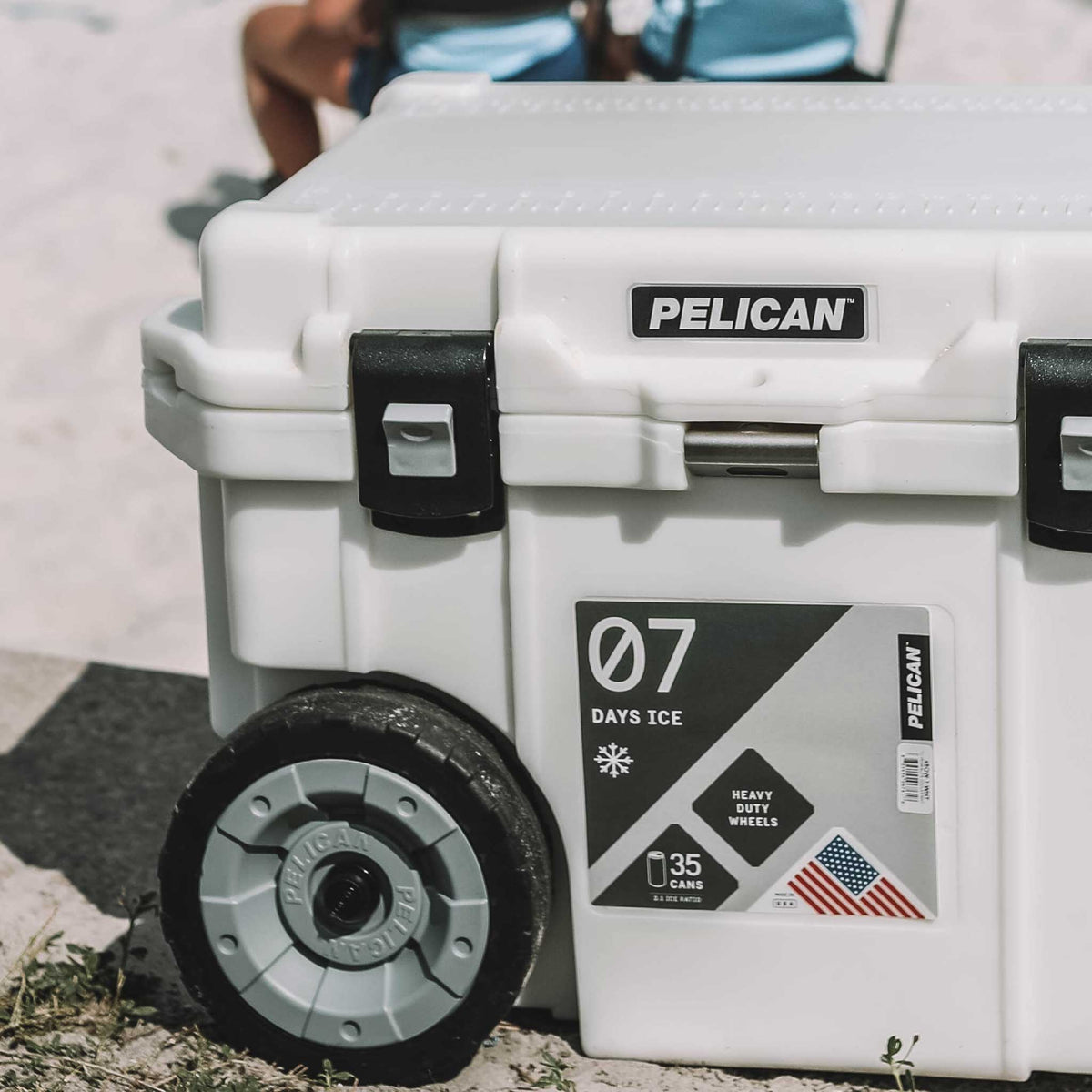 Pelican 45QT Elite Wheeled Cooler being used at the beach
