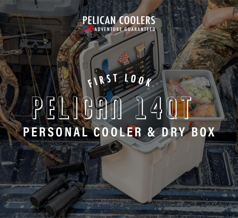 An open 14QT Personal Cooler & Dry Box showing the inner tray and flexible lid organizer.