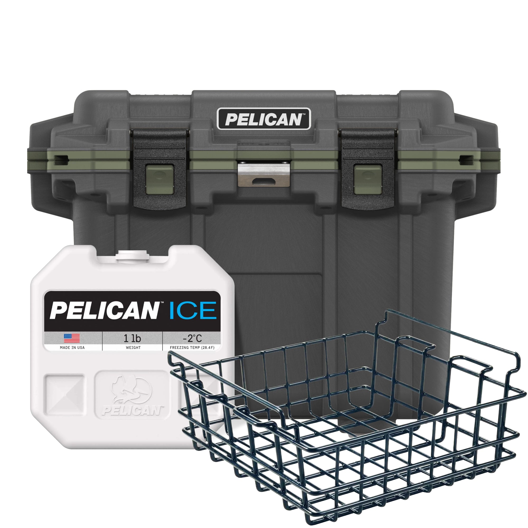 Dark Grey / Green Pelican 30QT Cooler with Pelican Dry Basket & Pelican Ice Pack
