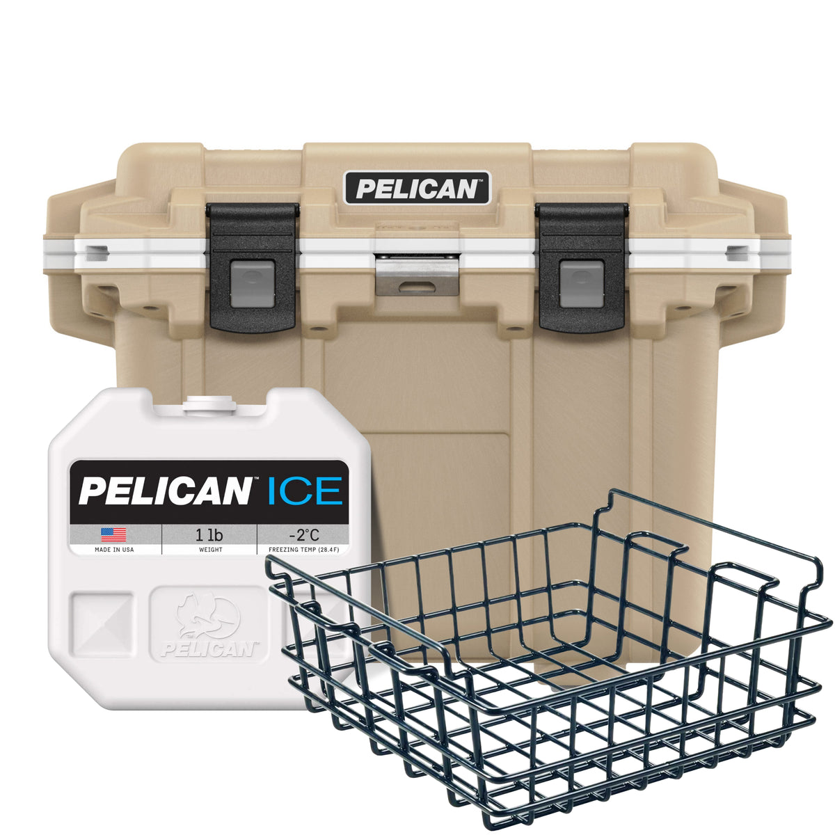 Tan / White Pelican 30QT Cooler with Pelican Dry Basket &amp; Pelican Ice Pack