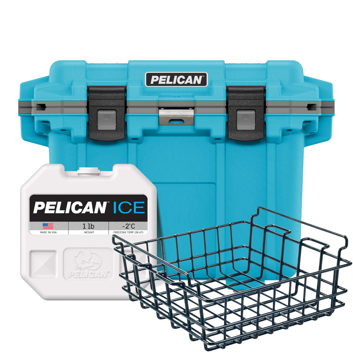 Cool Blue / Grey Pelican 30QT Cooler with Pelican Dry Basket &amp; Pelican Ice Pack