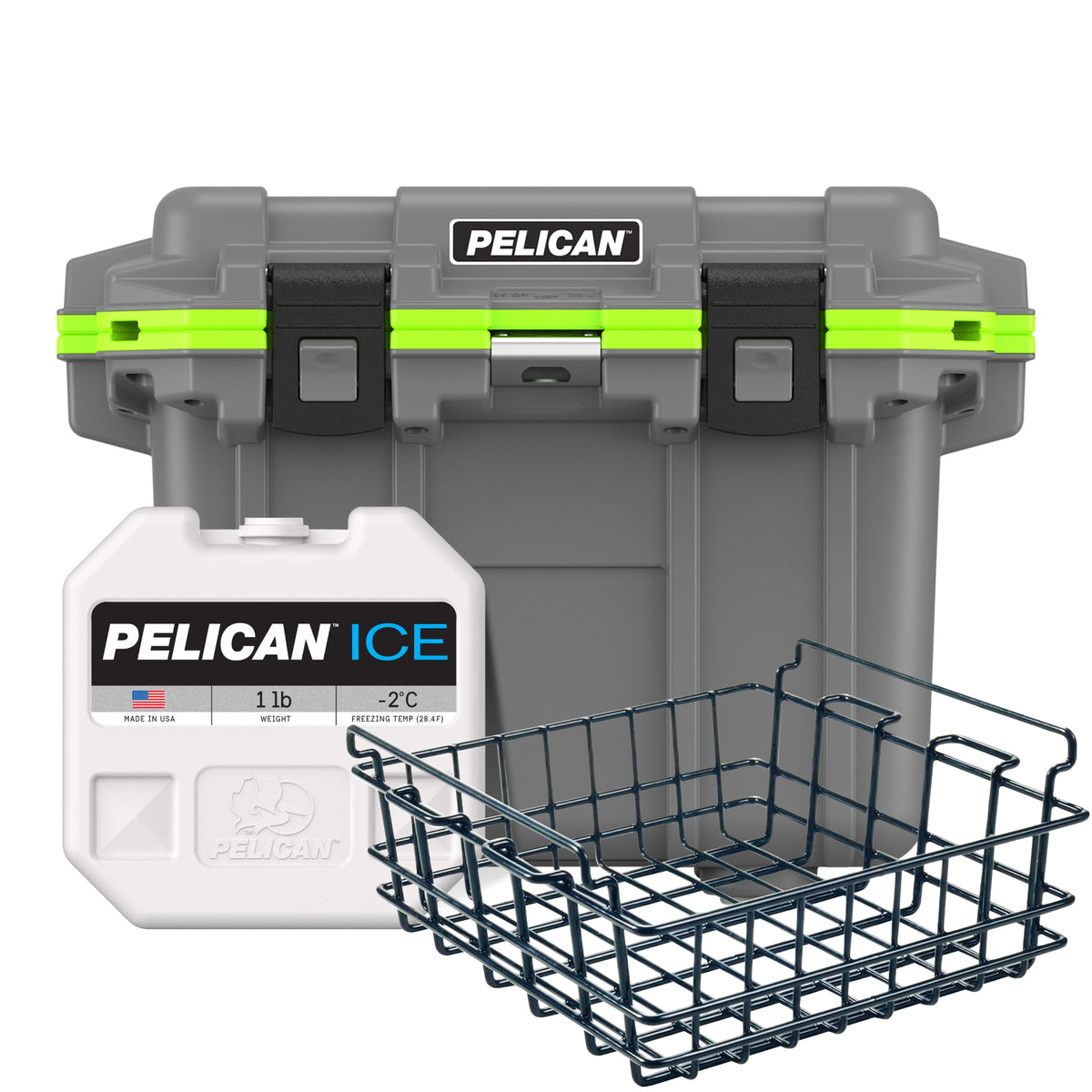 Dark Grey / Green Pelican 30QT Cooler with Pelican Dry Basket &amp; Pelican Ice Pack