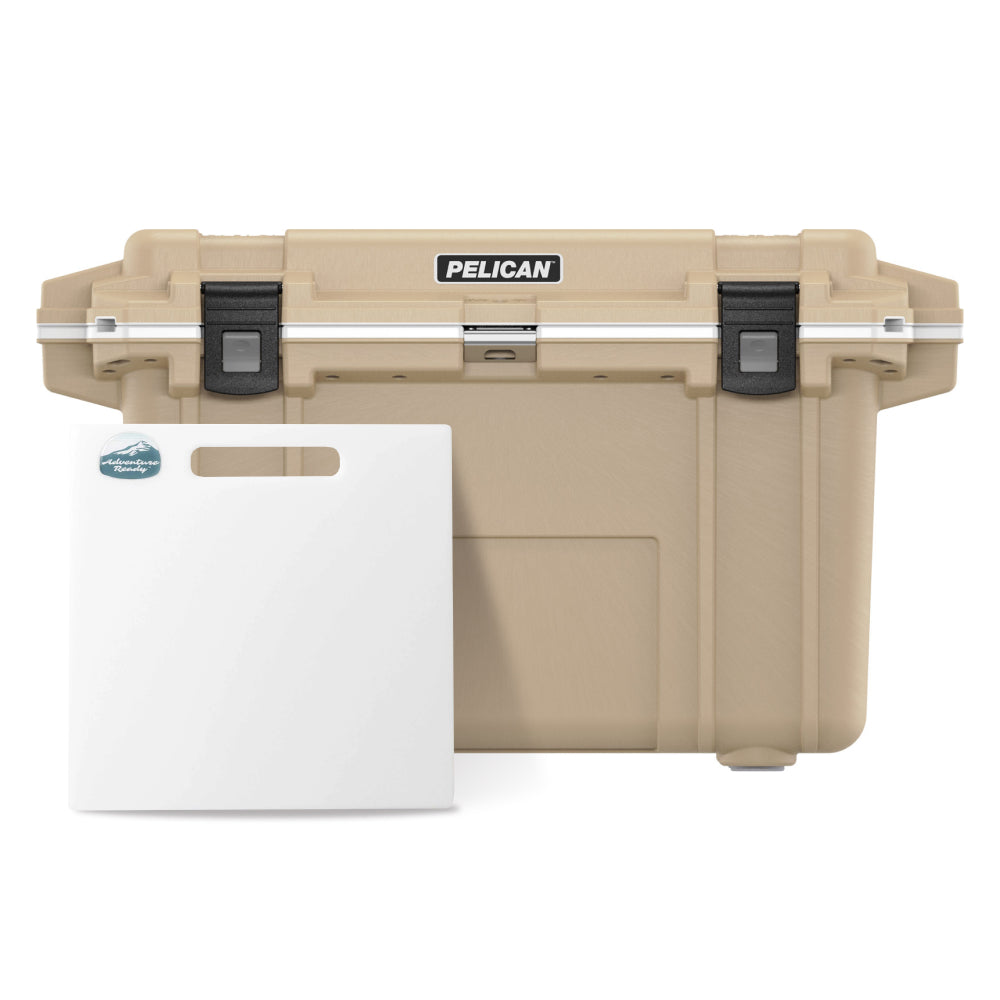 Tan / White Pelican 70QT Cooler with Adventure Ready Camp Cutting Board &amp; Divider