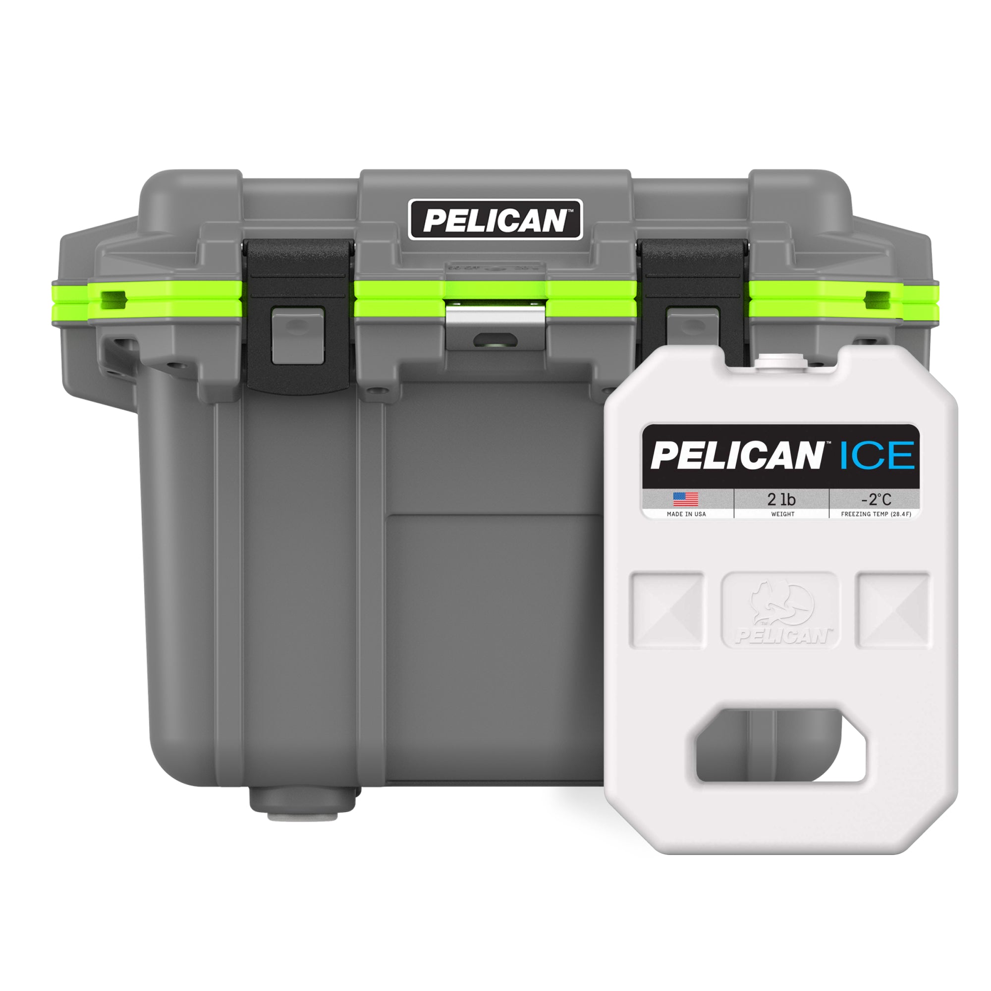 Dark Grey / Green Pelican 30QT Cooler with Pelican 2lb Ice Pack