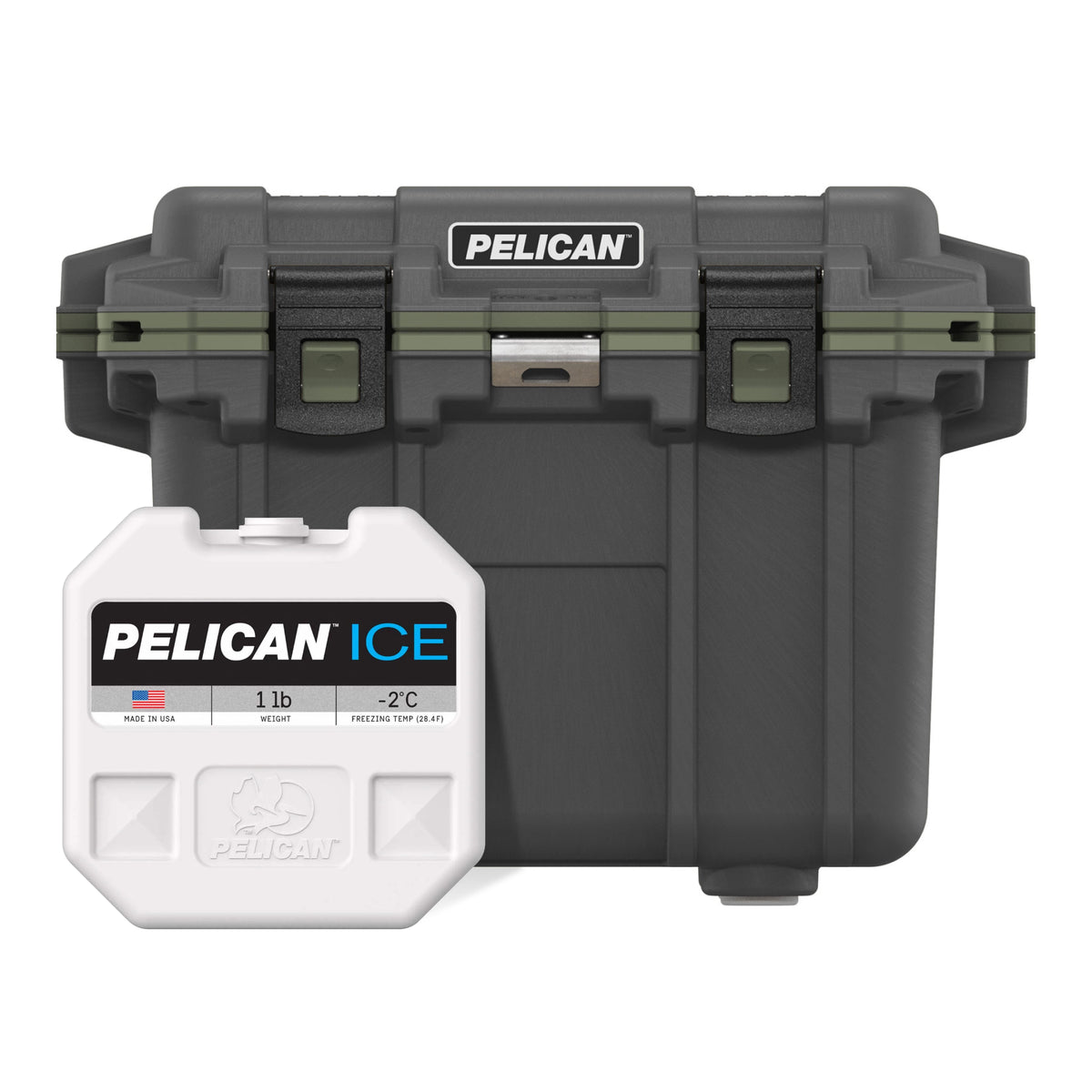 Gunmetal / OD Green Pelican 30QT Cooler with Pelican 1lb Ice Pack