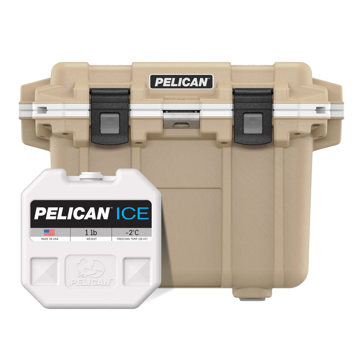 Tan / White Pelican 30QT Cooler with Pelican 1lb Ice Pack