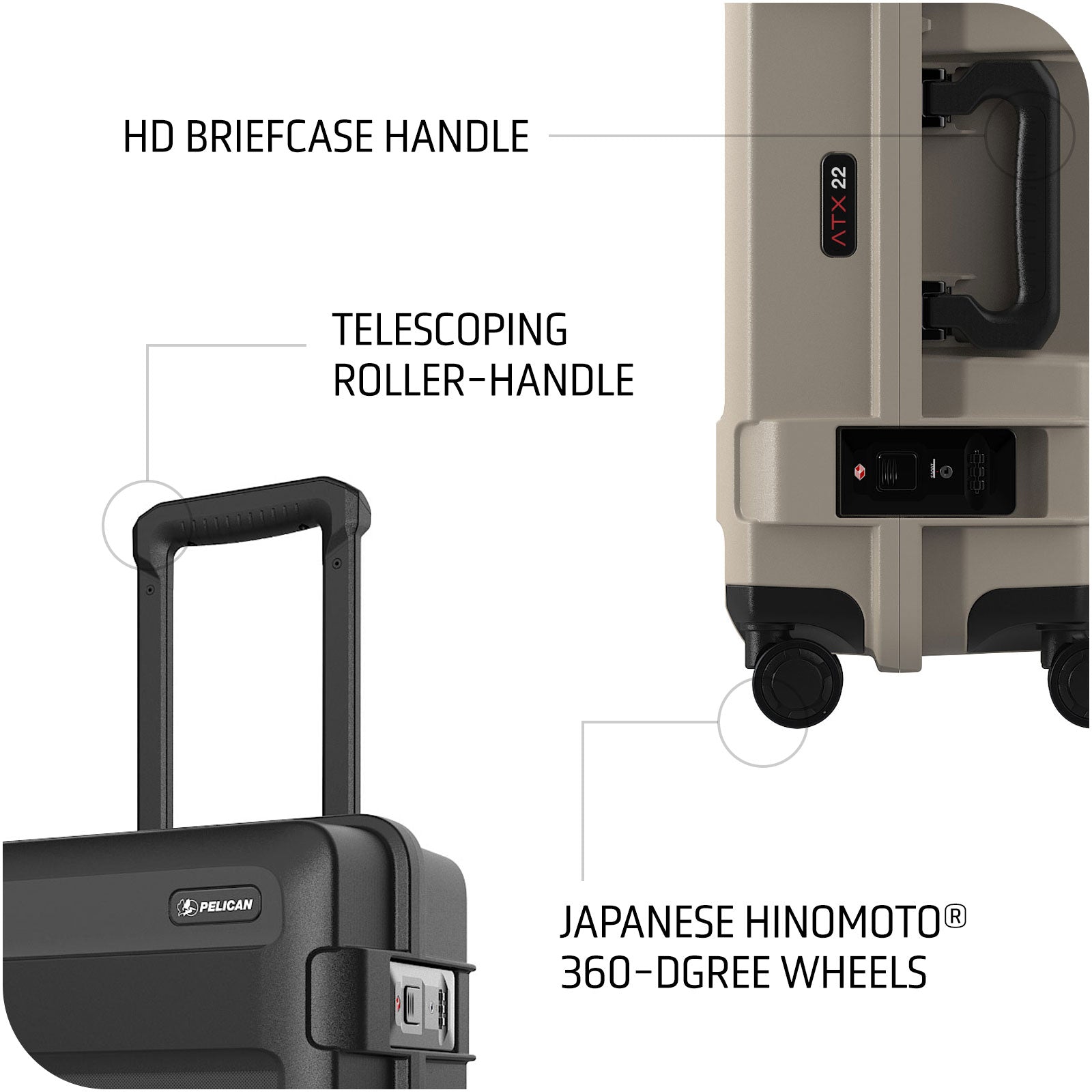 pelican luggage handles and wheels
