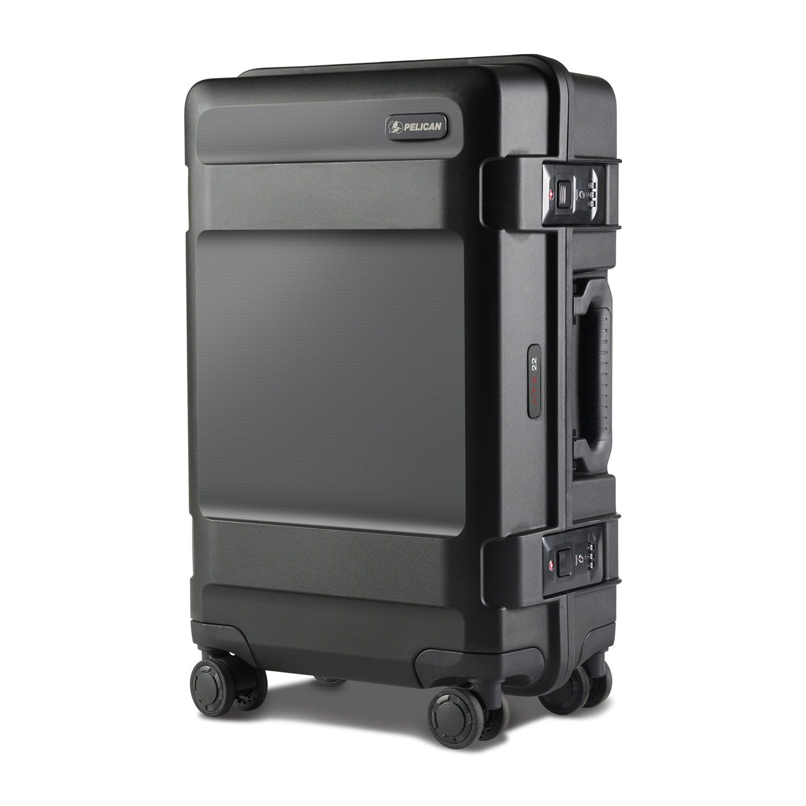 closer up of pelican luggage from 3/4 angle