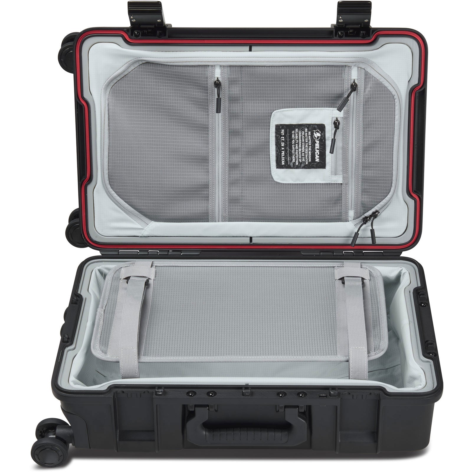 pelican luggage open with insides showing
