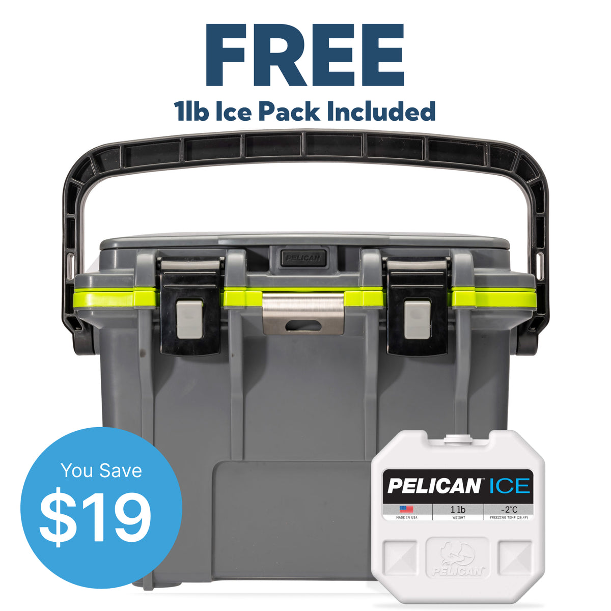 Dark Grey / Green Pelican 14QT Personal Cooler with Free 1lb Ice Pack