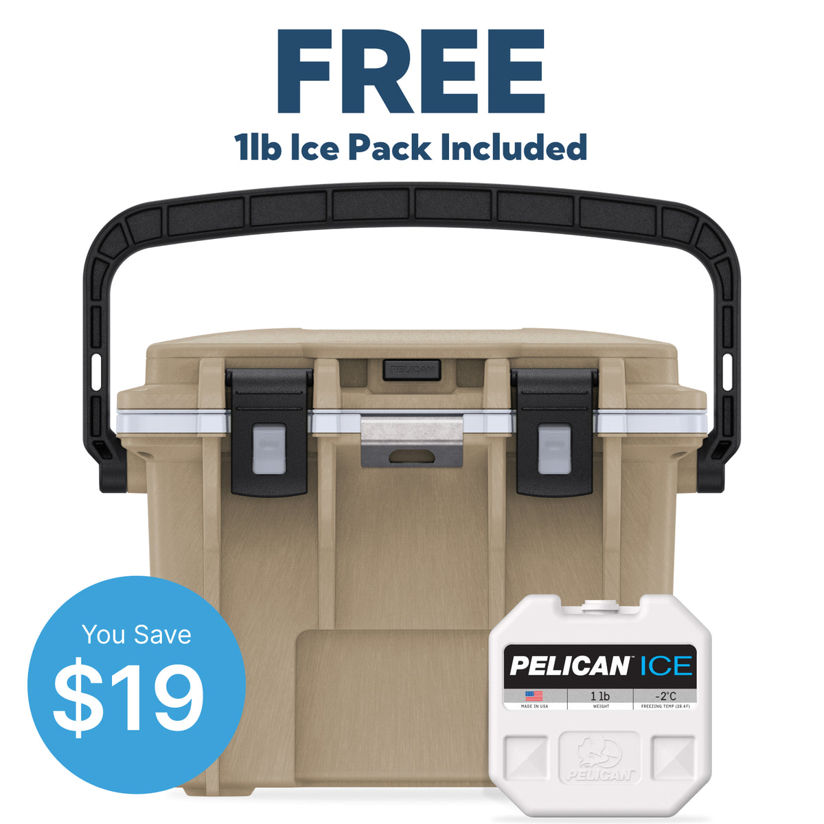 Tan / White Pelican 14QT Personal Cooler with Free 1lb Ice Pack