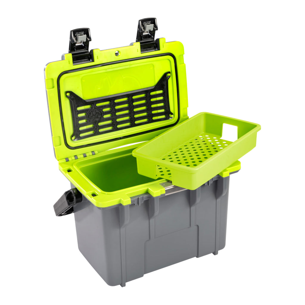 Pelican 14QT  Gray and Green Cooler with lid open and tray out