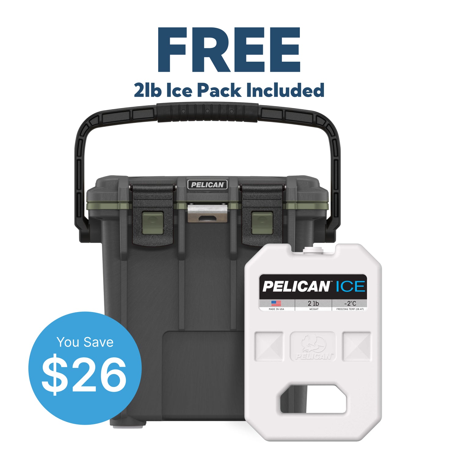 Dark Grey / Green Pelican 20QT Cooler With Free 2lb Ice Pack