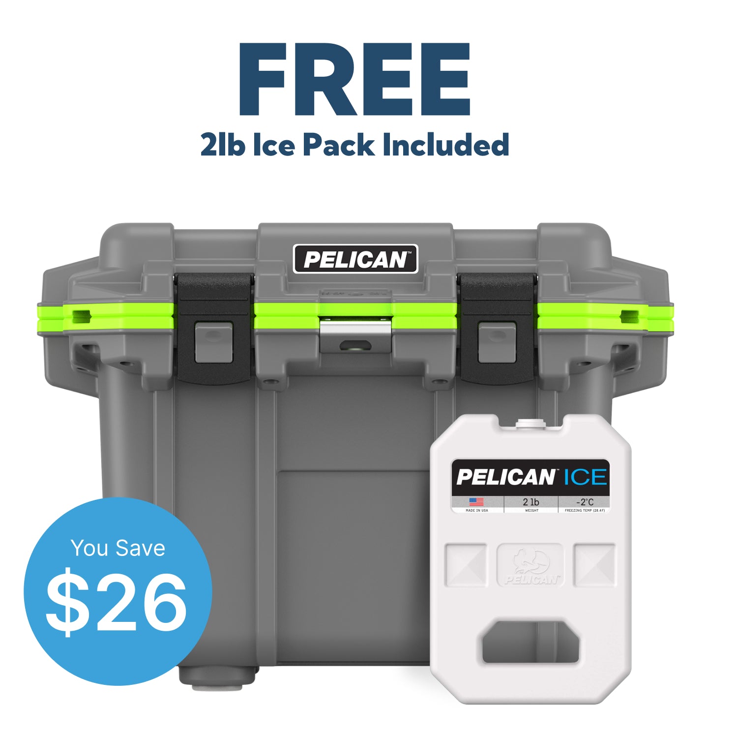 Dark Grey / Green Pelican Cooler and 2lb Free Pelican Ice Pack