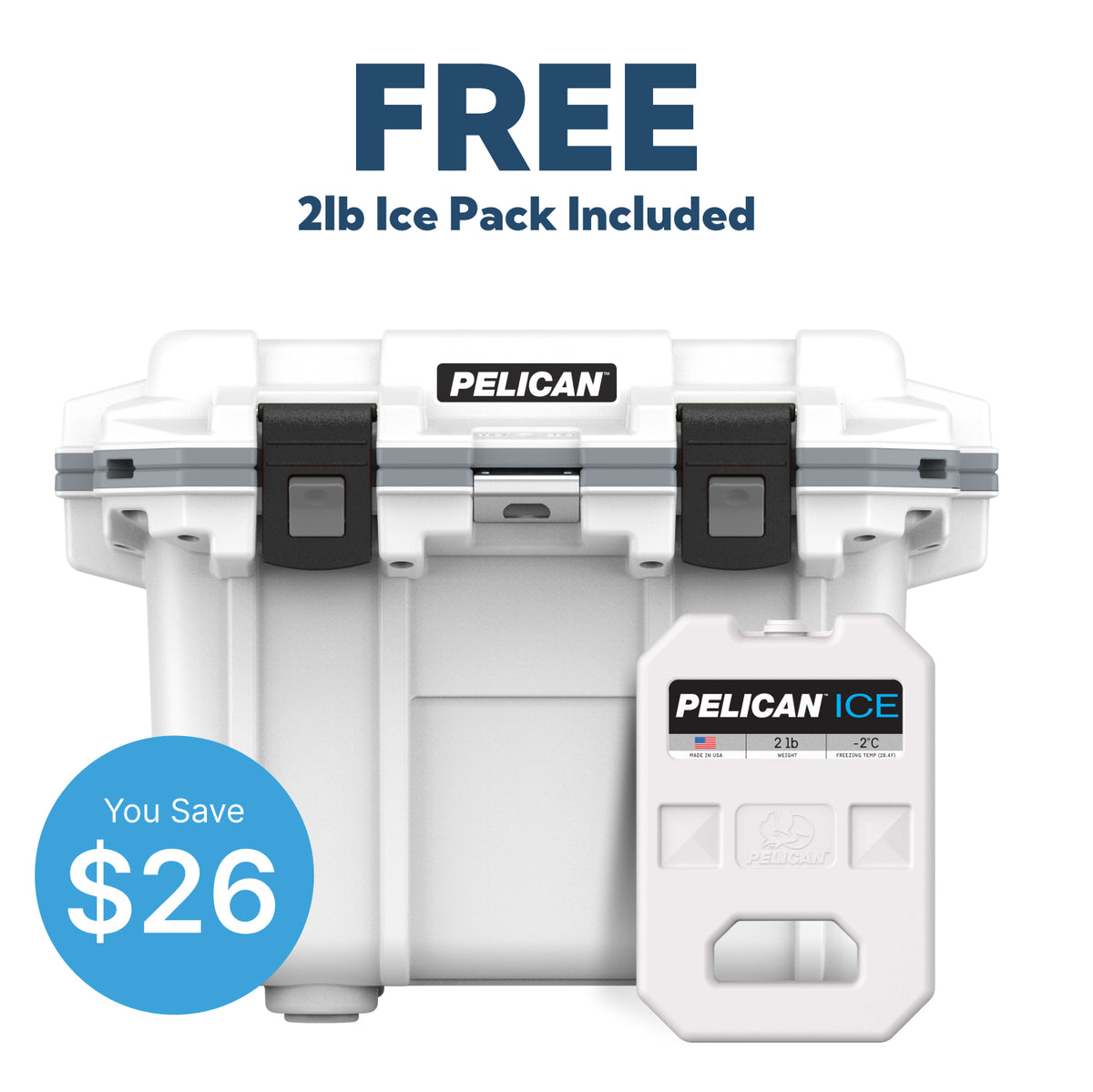 White / Grey Pelican Cooler and 2lb Free Pelican Ice Pack