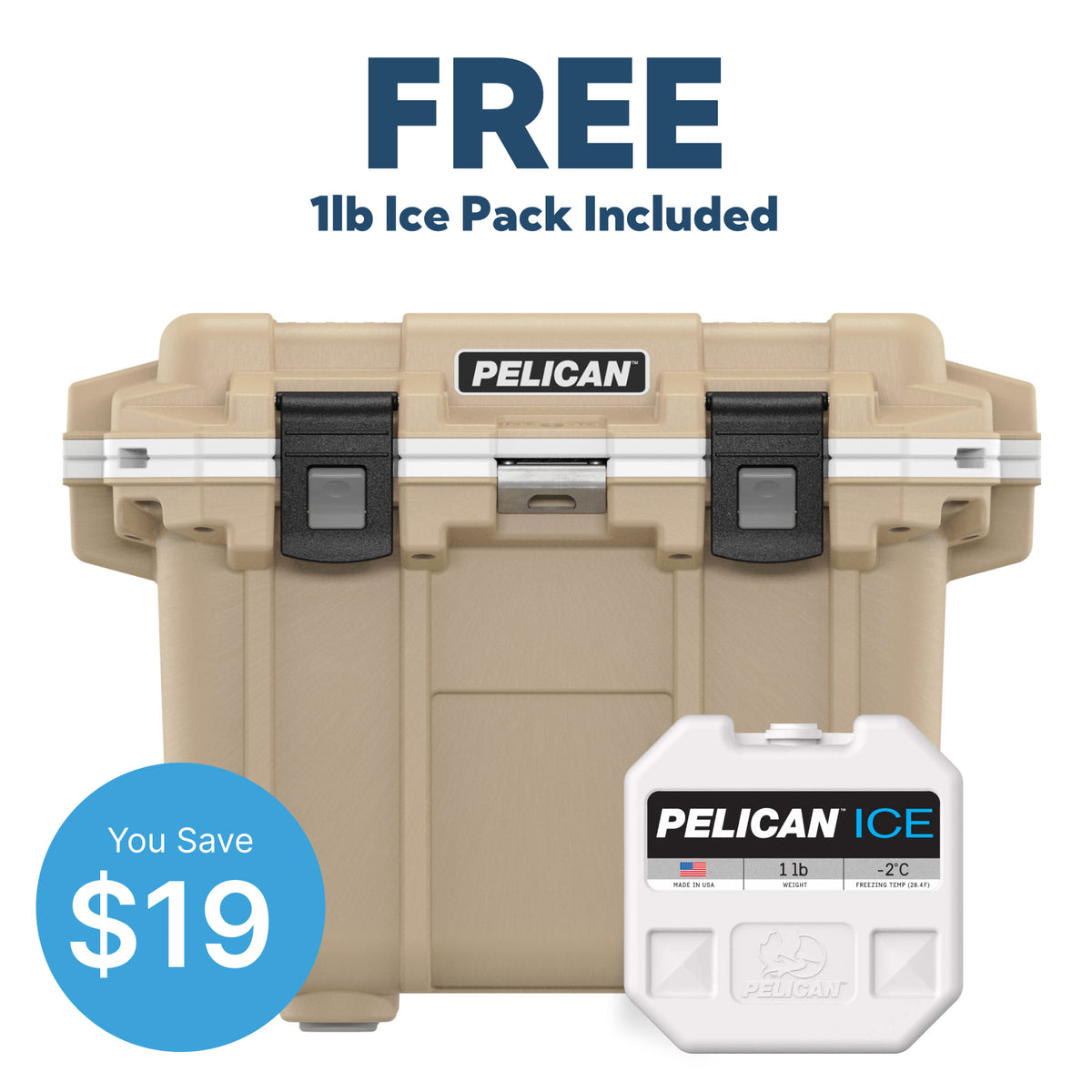 Tan / White Pelican 30QT Cooler with Pelican Ice Pack