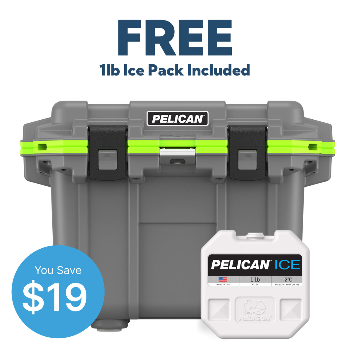 Dark Grey / Green Pelican 30QT Cooler with Pelican Ice Pack