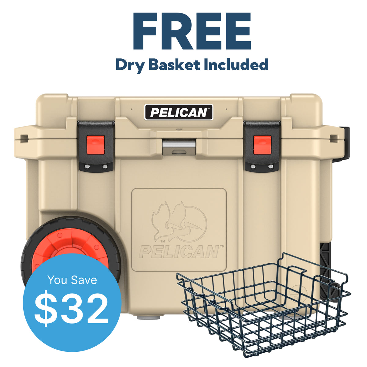 Outdoor Tan Pelican 45QT Cooler with Free Pelican Dry Rack Basket