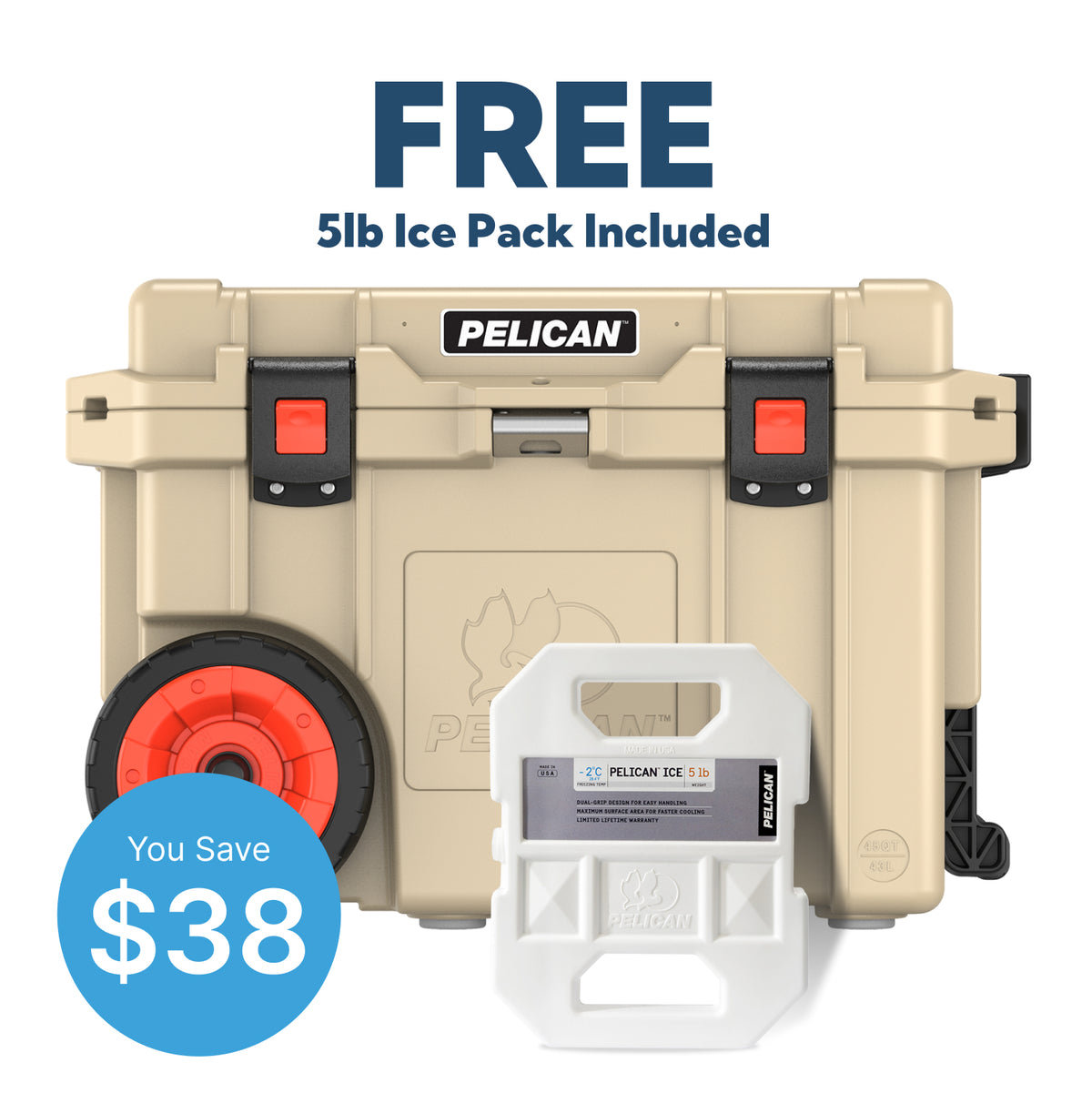 Outdoor Tan Pelican 45QT Elite Wheeled Cooler with Free Pelican Ice Pack