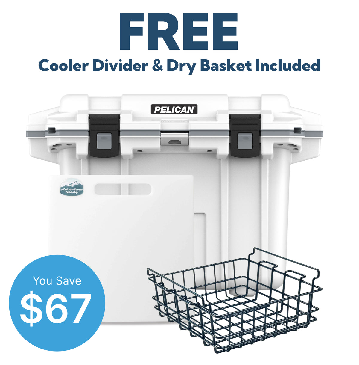 White / Grey Pelican 50QT Cooler and Free Divider &amp; Basket
