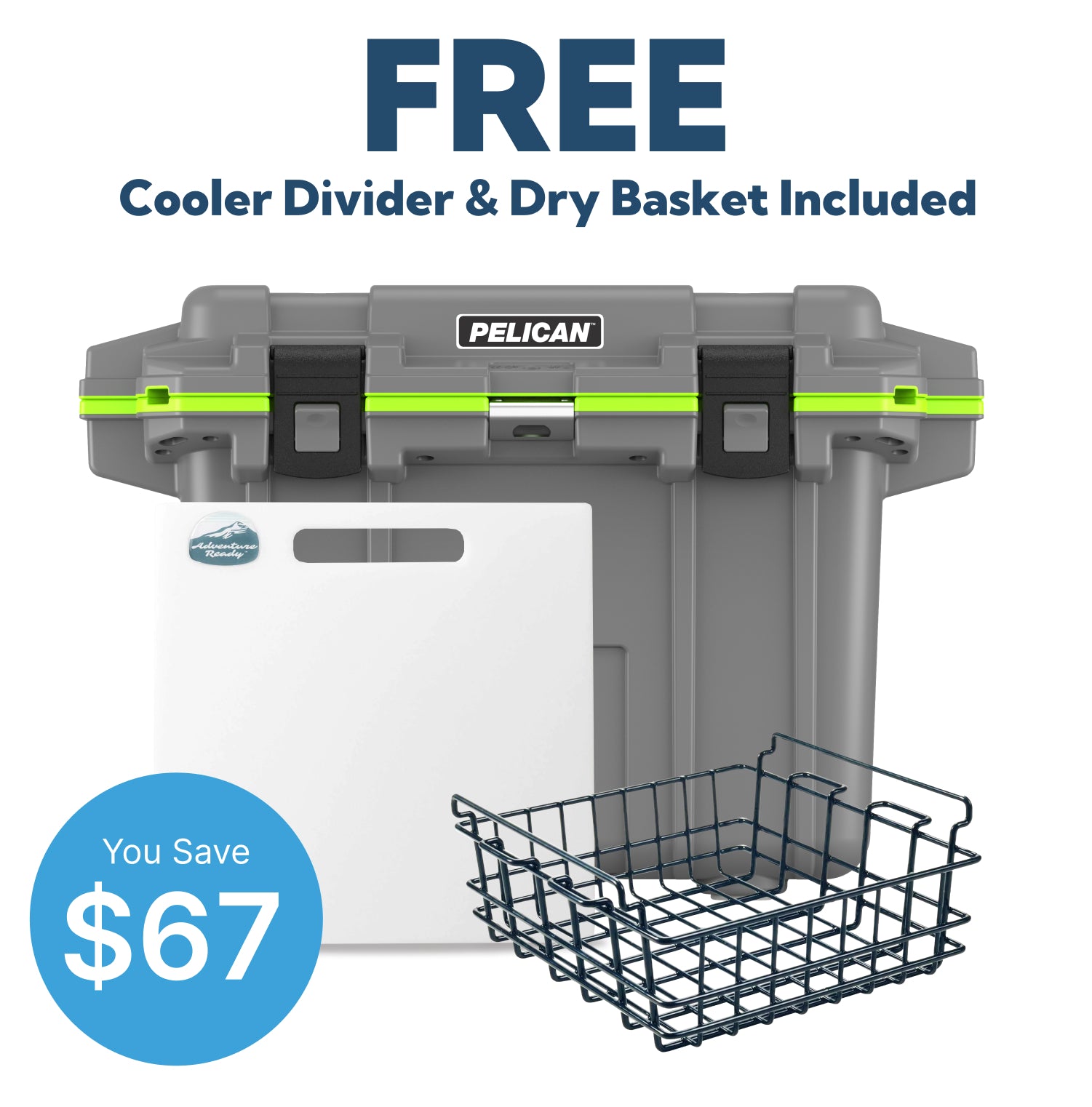 Dark Grey / Green Pelican 50QT Cooler and Free Divider & Basket