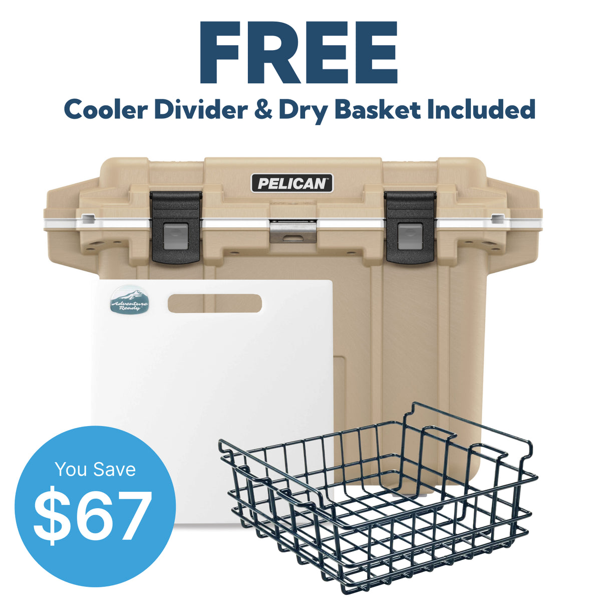 Tan / White Pelican 50QT Cooler and Free Divider &amp; Basket