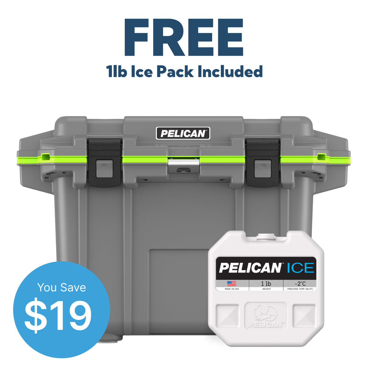Dark Grey / Green Pelican 50QT Elite Cooler &amp; Free 1lb Pelican Ice Pack