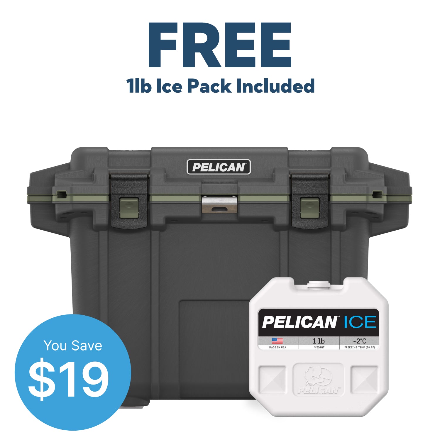 Dark Grey / Green Pelican 50QT Elite Cooler & Free 1lb Pelican Ice Pack