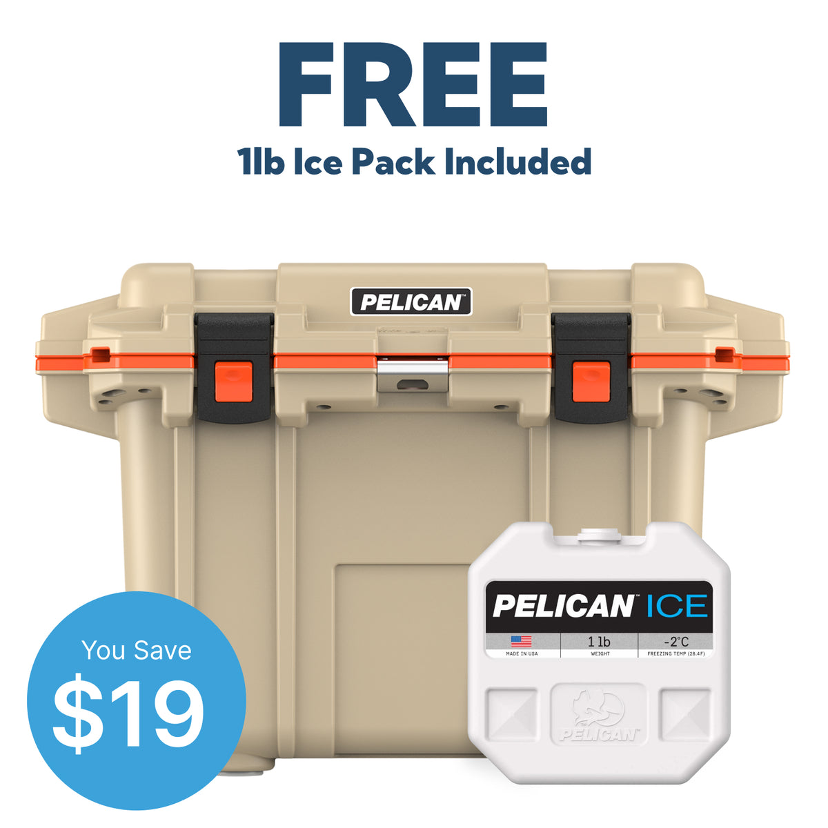 Tan / Orange Pelican 50QT Elite Cooler &amp; Free 1lb Pelican Ice Pack