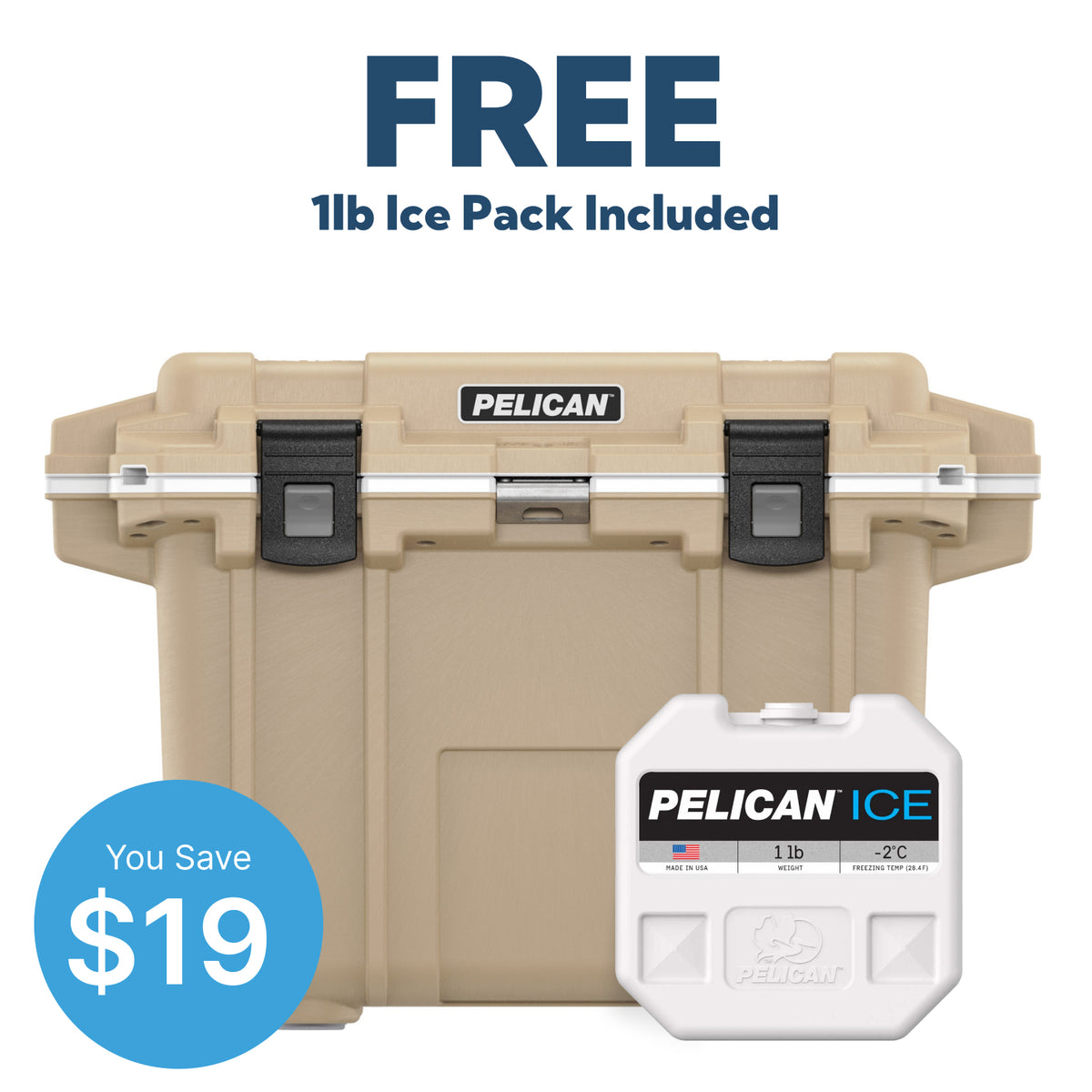 Tan / White Pelican 50QT Elite Cooler &amp; Free 1lb Pelican Ice Pack