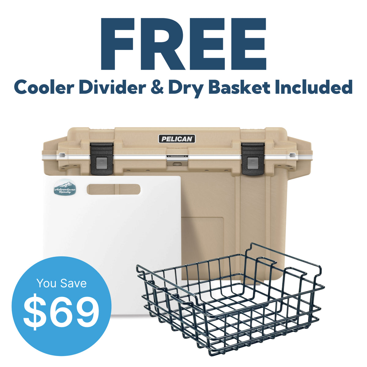 Tan / White Pelican 70QT Elite Cooler and Free Divider