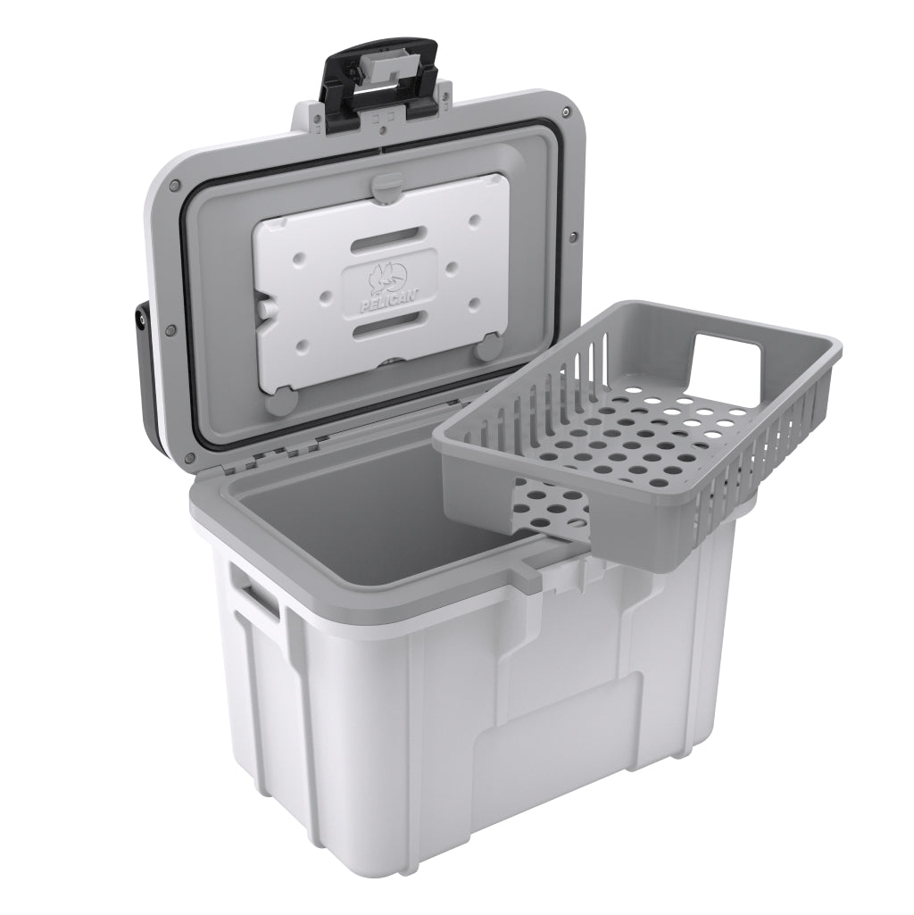 White / Grey Pelican 8QT personal cooler with basket out
